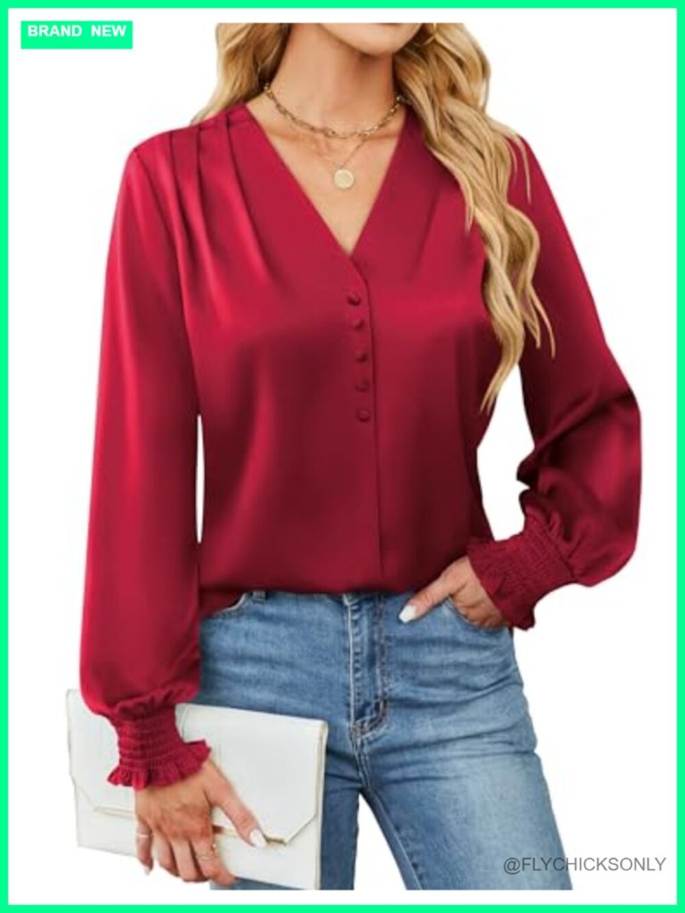 Satin Blouse Long Sleeve V-Neck Smocked Cuff Business Casual Top
